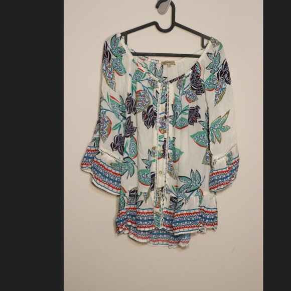 Democracy rayon 3/4 length sleeves lightweight shirt, white green and blue shirt - Picture 1 of 10